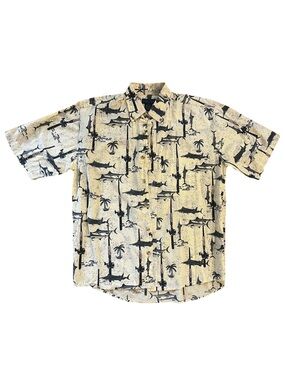 Keeler Bay Men’s M Beige Black Swordfish Fishing Poles Cotton Button-Down Shirt